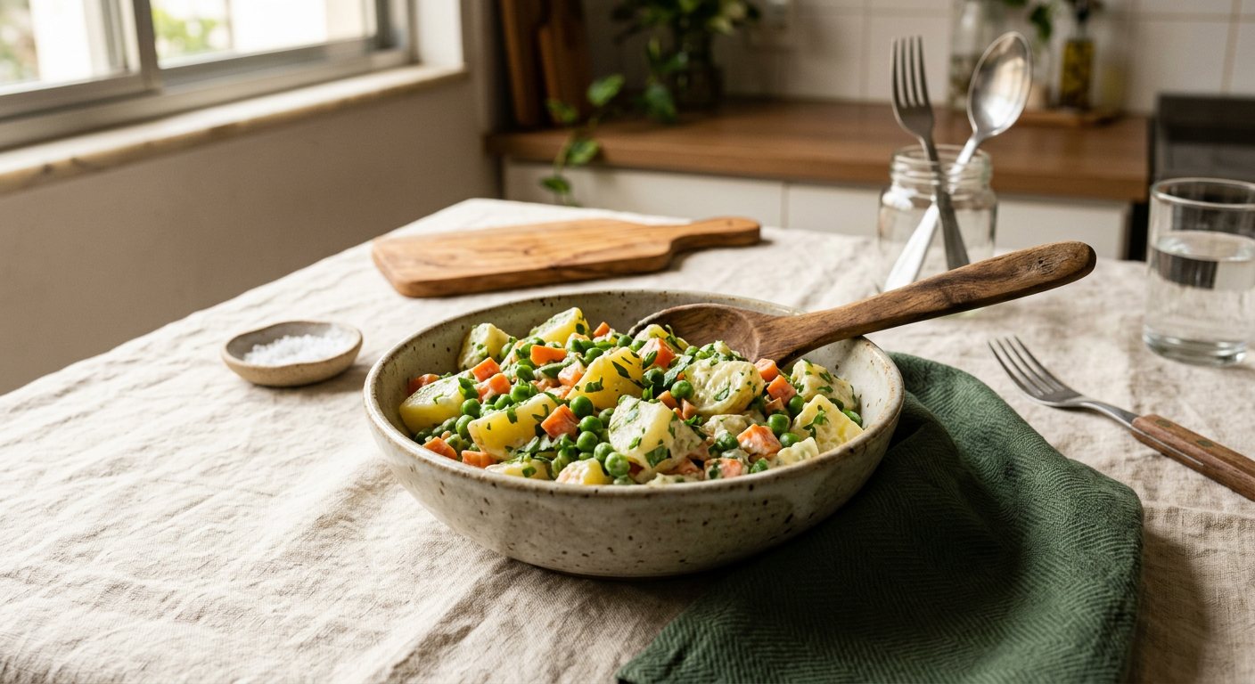 Maionese de Batata (Brazilian Potato Salad) — Bar-Snack Potato Salad with Peas, Carrot and Green Garlic Mayo