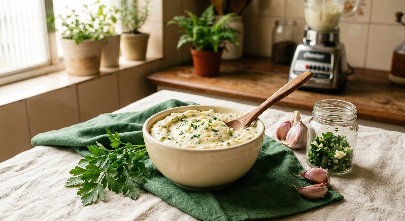 Maionese de Lanchonete (Green Garlic Mayo) — Blender Mayonnaise with Garlic and Parsley, the Lunch-Counter Standard