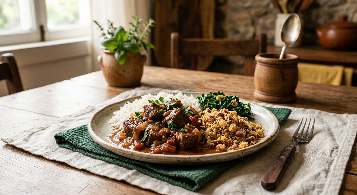Picadinho de Carne (Minced Beef Stew) — Weeknight Beef Cubes in Onion-Tomato Gravy with Rice and Farofa