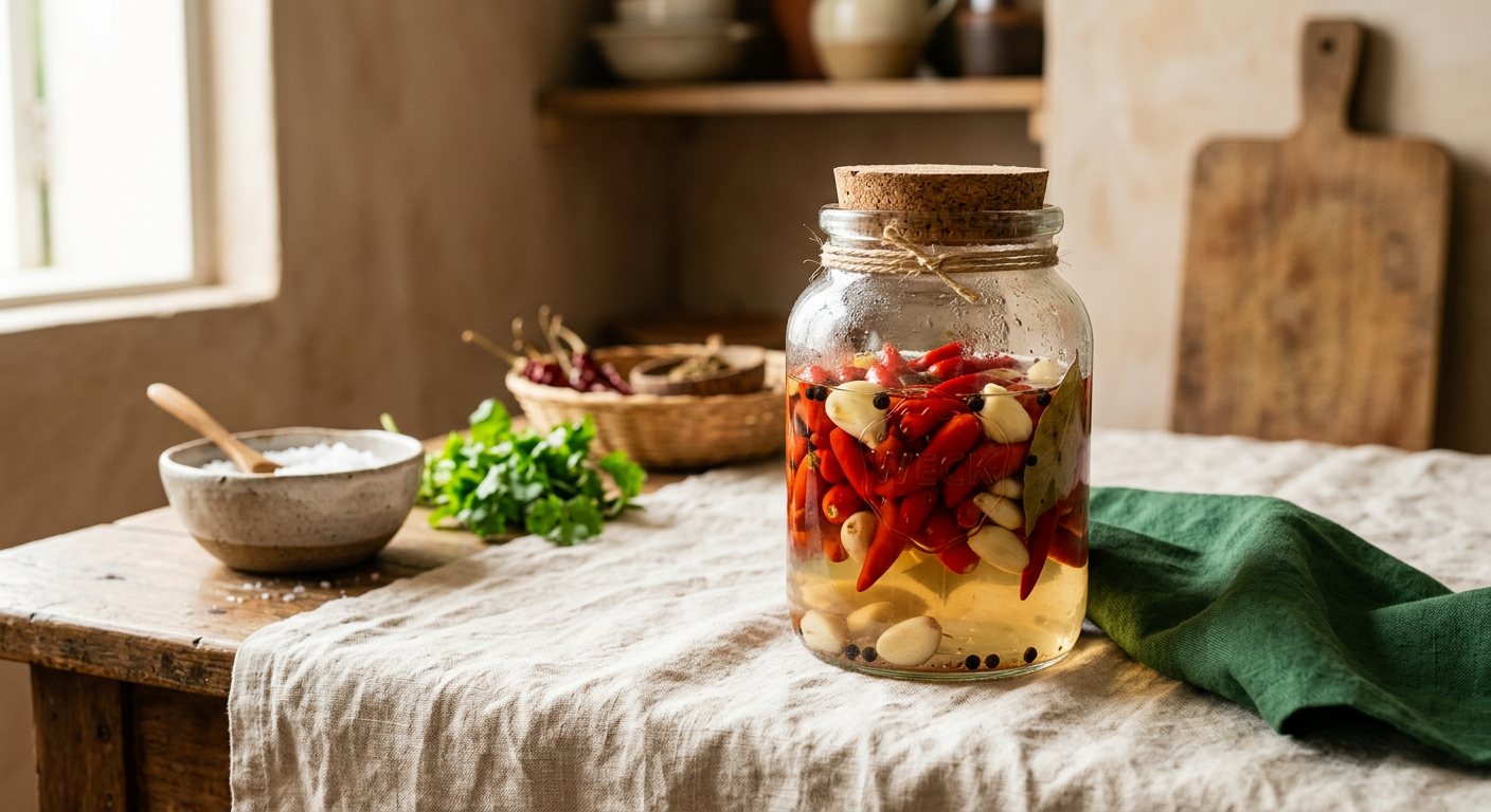 Pimenta Malagueta em Conserva (Pickled Chilies) — Vinegar-Preserved Bird's-Eye Chilies for the Table Jar