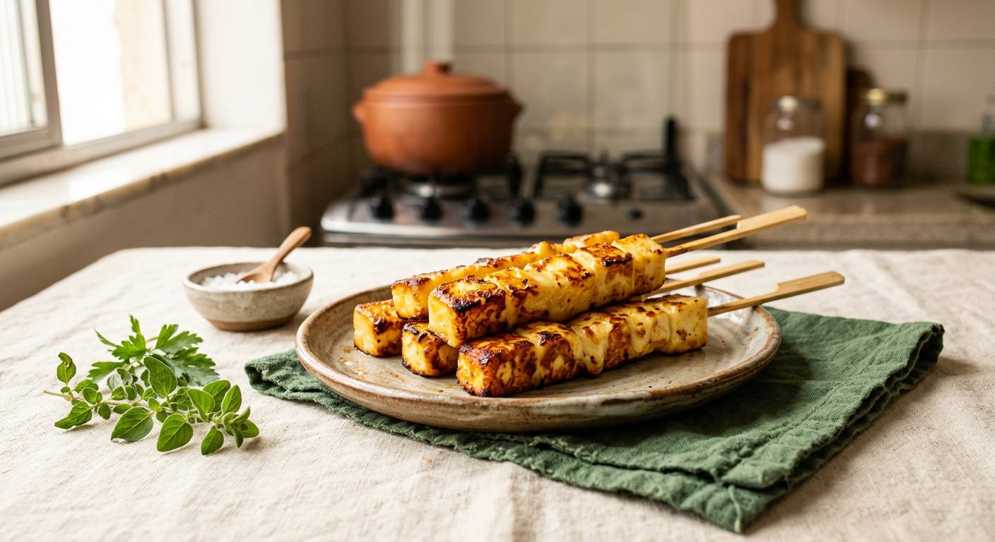 Queijo Coalho (Griddled Cheese) — Skewered Squeaky Cheese Seared Golden on the Grill